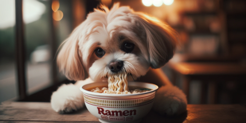 DALL·E-2023-10-13-11.58.08-Photo-of-a-cute-dog-with-soft-fur-and-expressive-eyes-slurping-a-bowl-of-ramen-noodles.-The-scene-is-captured-in-realistic-low-light-emphasizing-th
