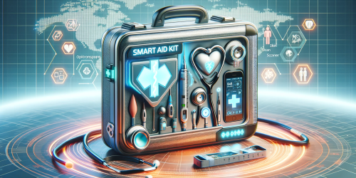 DALL·E 2023-11-30 18.45.53 - An engaging and eye-catching image representing the Smart Aid Kit. The image should depict a sleek, futuristic first-aid kit with advanced medical too
